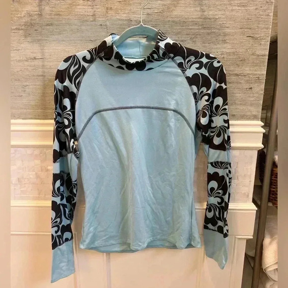 Athleta blue brown pattern mock neck base layer top m medium warm ski snow - Picture 1 of 11